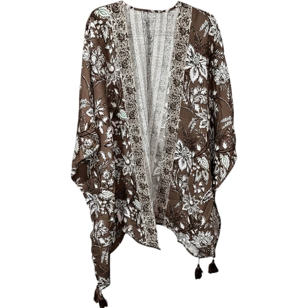 J.Jill Womens Coconut Multi Floral Kimono Cardigan Tassel Brown OSFA